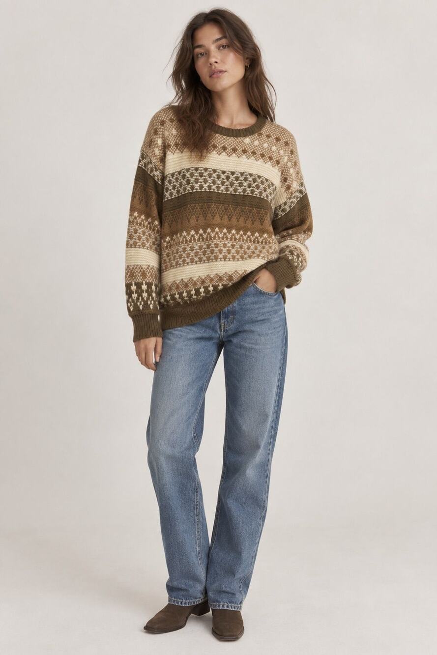Aritzia Wilfred Fair Isle Oversized Knit Sweater Brown Size M